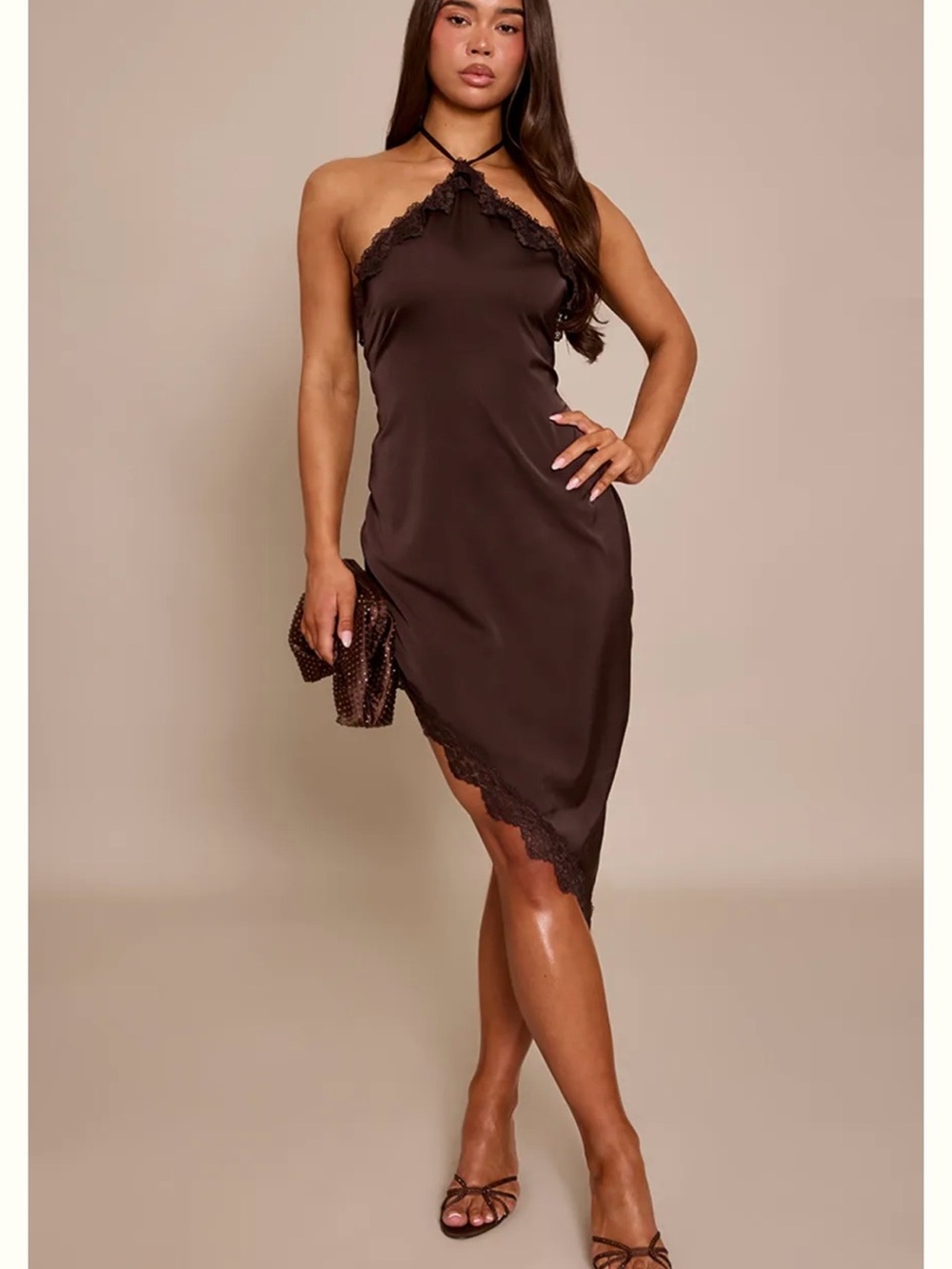 PrettyLittleThing Chocolate Brown One Shoulder Slip Dress